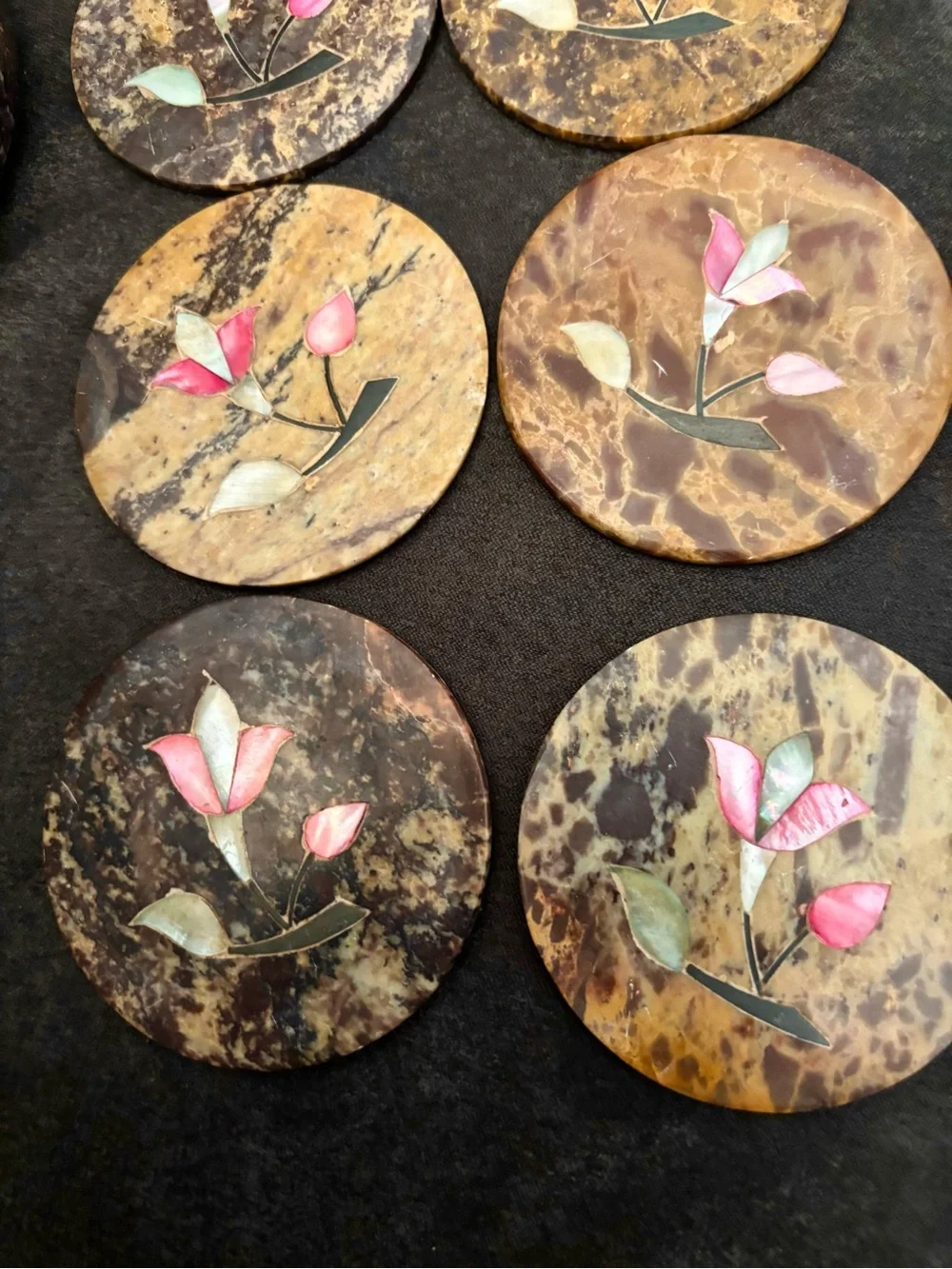 Rare Vintage Agate Stone Mother of Pearl Handmaid Carved Trinket Box & Coasters